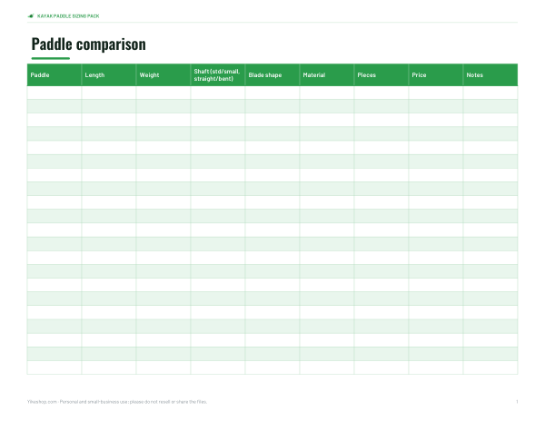 Preview of Printable Kayak Paddle Size Chart