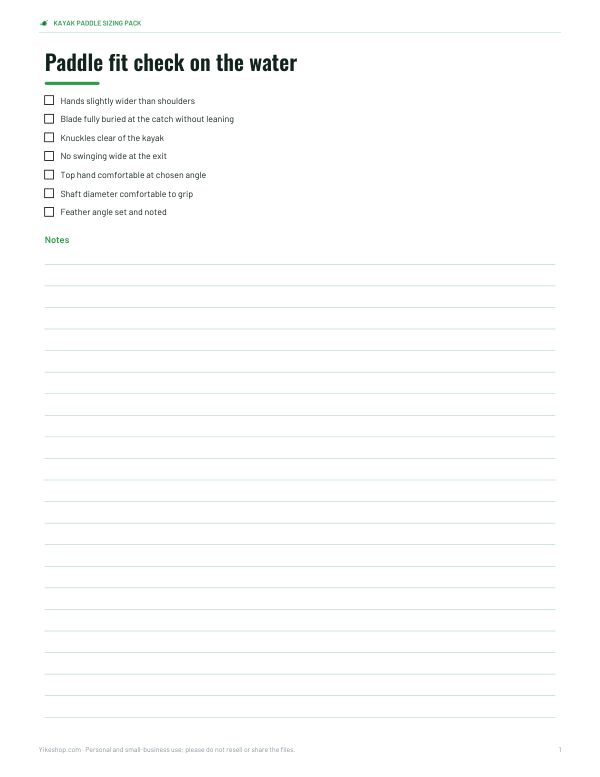 Preview of Printable Kayak Paddle Fit Check Card