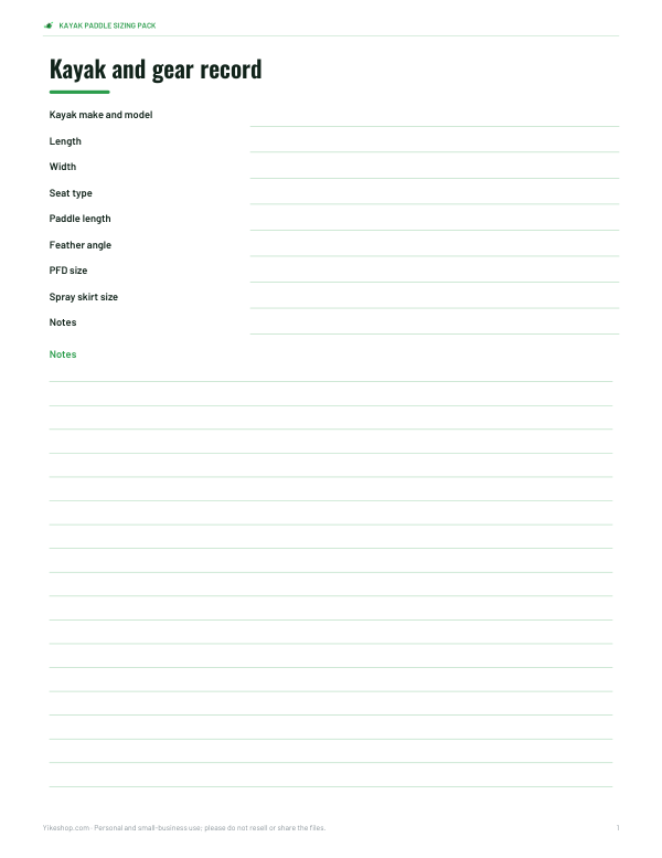 Preview of Printable Kayak Gear Record